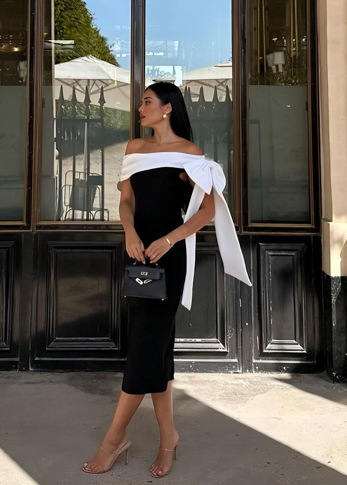Valentina Dress | Old Money Elegance Black White One Shoulder Bow Midi Dress Yojani Boutique Valentina Dress | Old Money Elegance Black White One Shoulder Bow Midi Dress Yojani Boutique