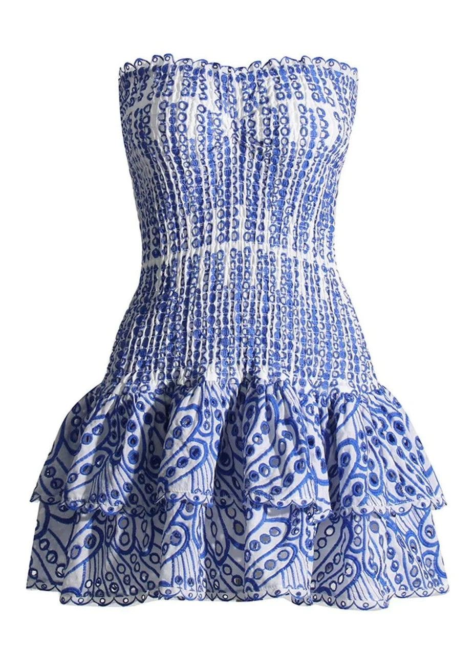 blue and white dress strapless White Blue Floral Homecoming Dress