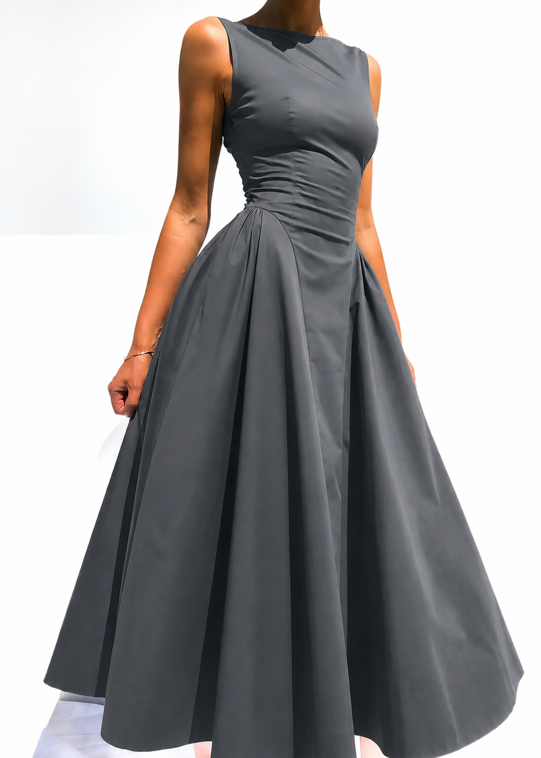 grey stretch dress Jacqueline - Stone crepe high slit gown