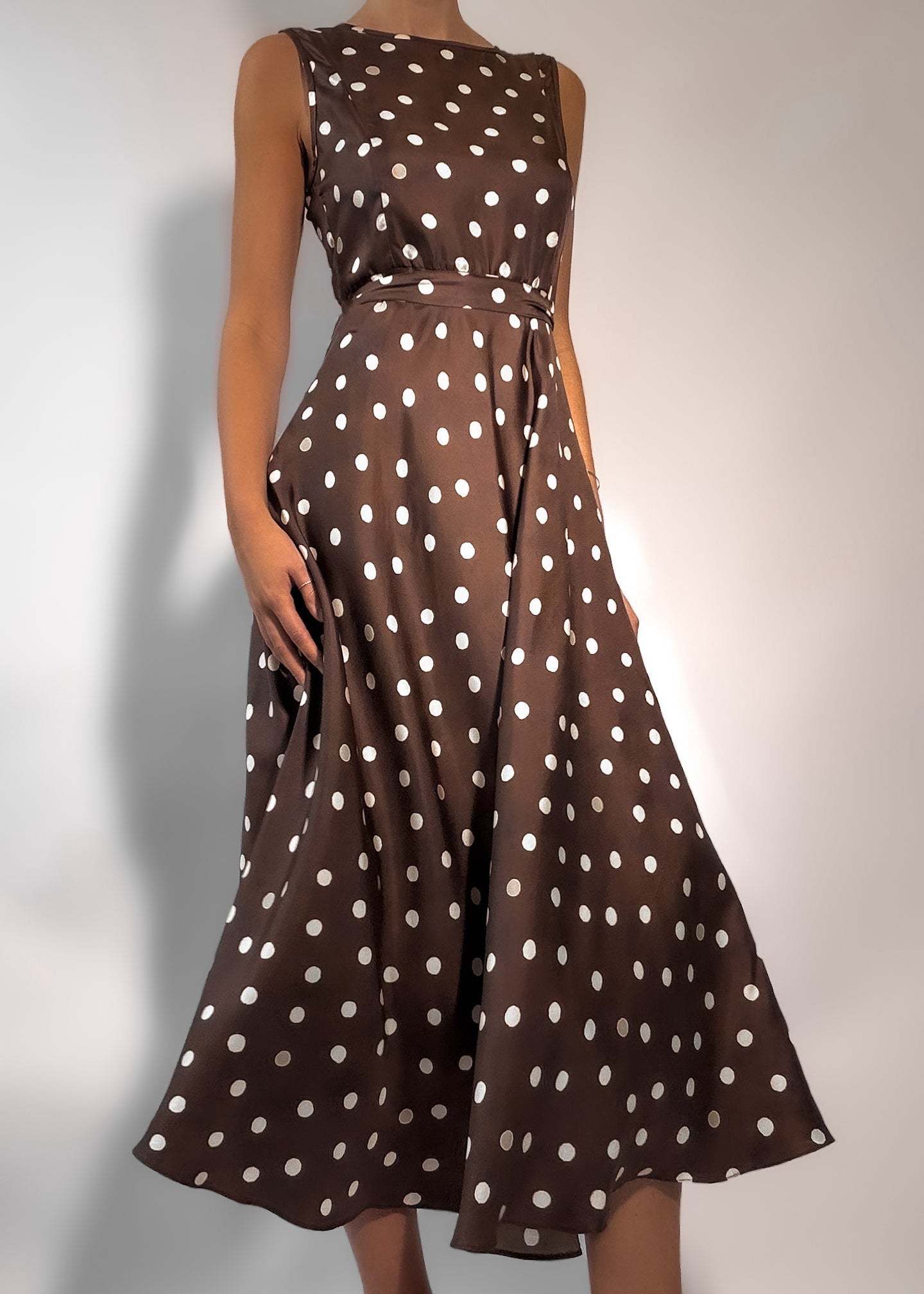 brown polka dot silk dress MORANE Brown Satin Polka Dot Romantic Long Dress with Puffy Sleeves   Maisoncleo