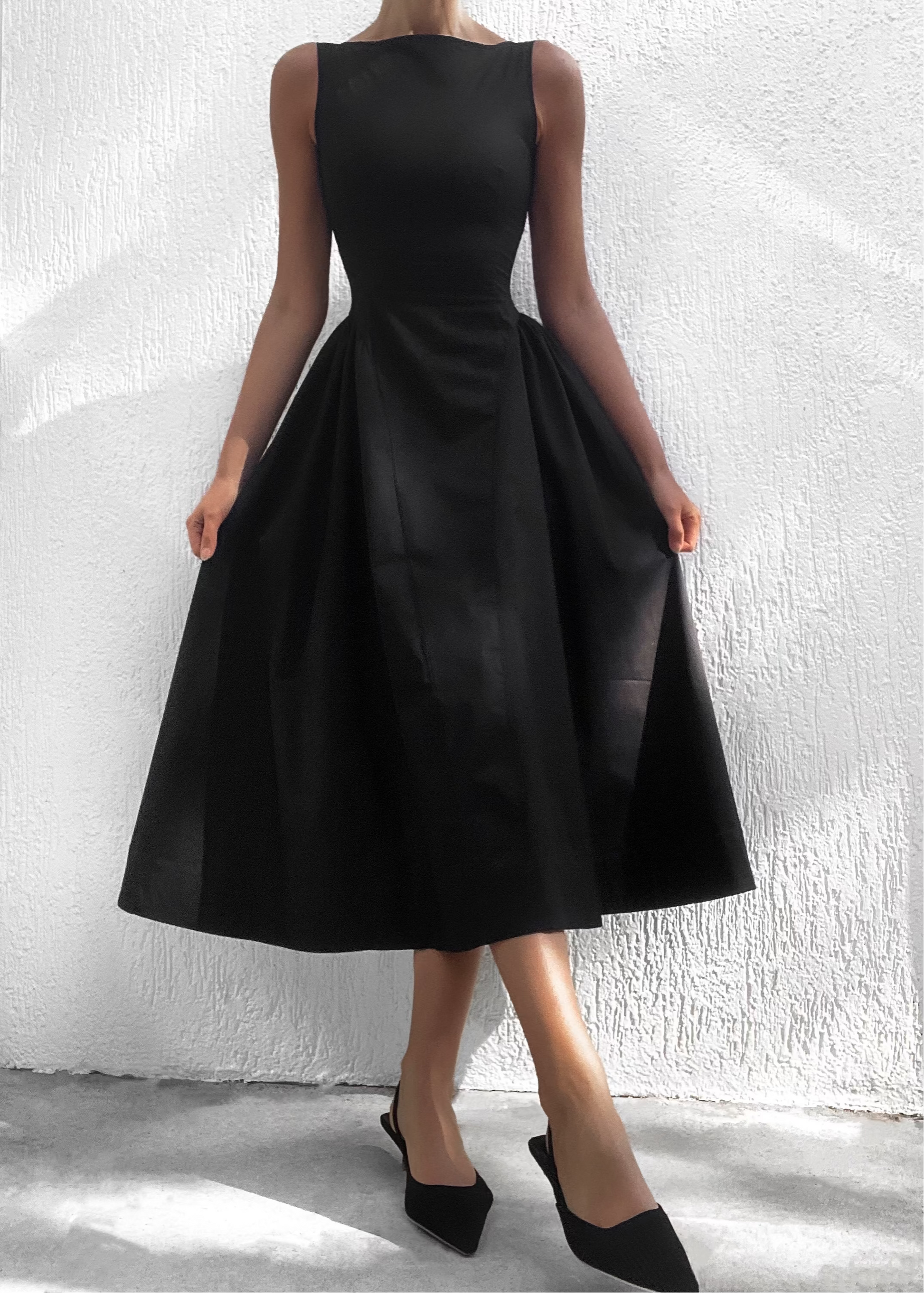 Jacqueline Dress - Black | High Boat Neck Vintage Stretch Cotton Sateen Midi Dress Yojani Boutique Jacqueline Dress - Black | High Boat Neck Vintage Stretch Cotton Sateen Midi Dress Yojani Boutique