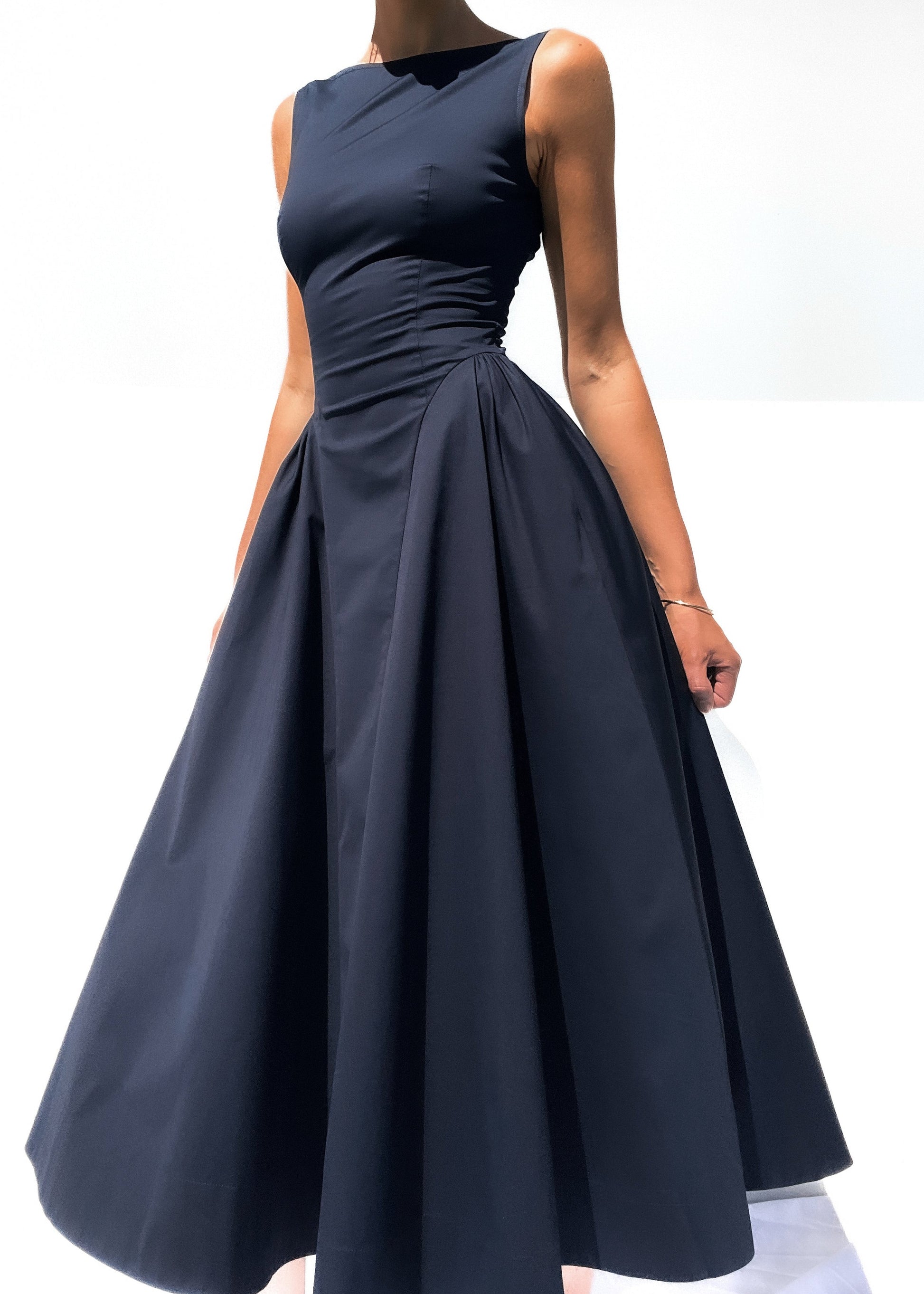 stretch cotton sateen midi dress Jacqueline Dress - Navy