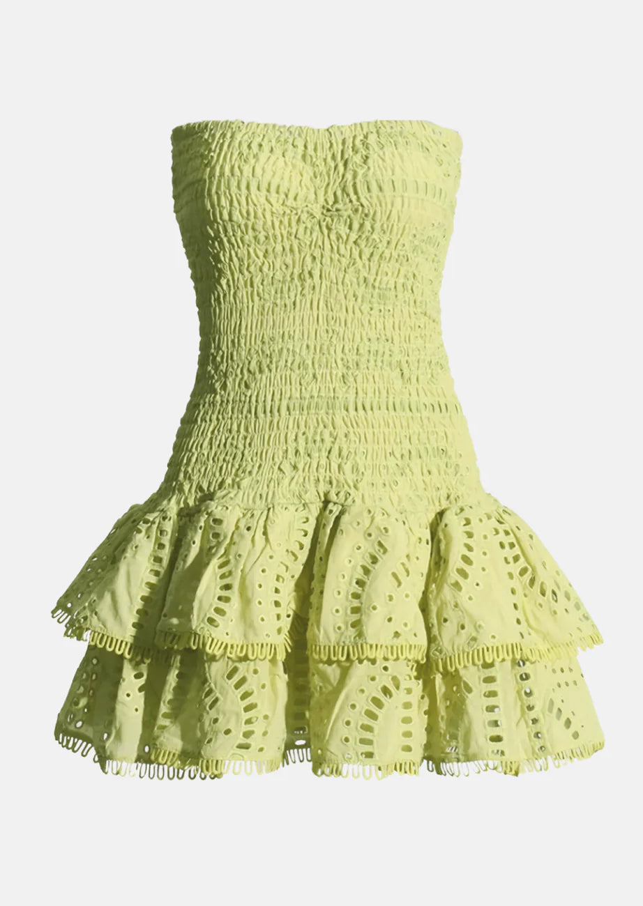 lime green strapless mini dress Kelly Green Strapless Ruched Cotton Mini Dress